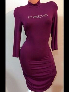 Rare find! bebe Plum Long-Sleeve Bodycon Dress with Rhinestone Logo